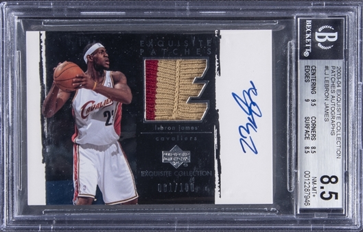 2003-04 "Exquisite Collection" Patches Autographs #LJ LeBron James Signed Game Used Patch Rookie Card (#001/100) – BGS NM-MT+ 8.5/BGS 10